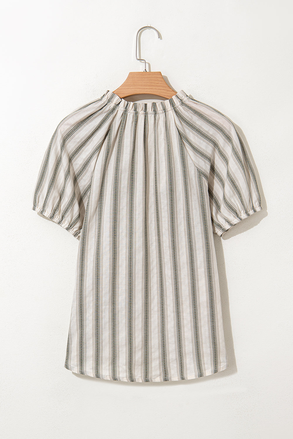Gray Stripe Frilled Tie Neck Short Sleeve Blouse
