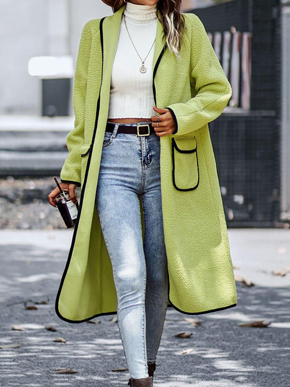 Full Size Contrast Trim Long Sleeve Coat with Pockets Carauana Store