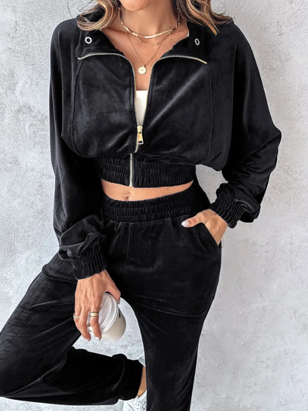 Zip Up Long Sleeve Cropped Top and Joggers Set Carauana Store