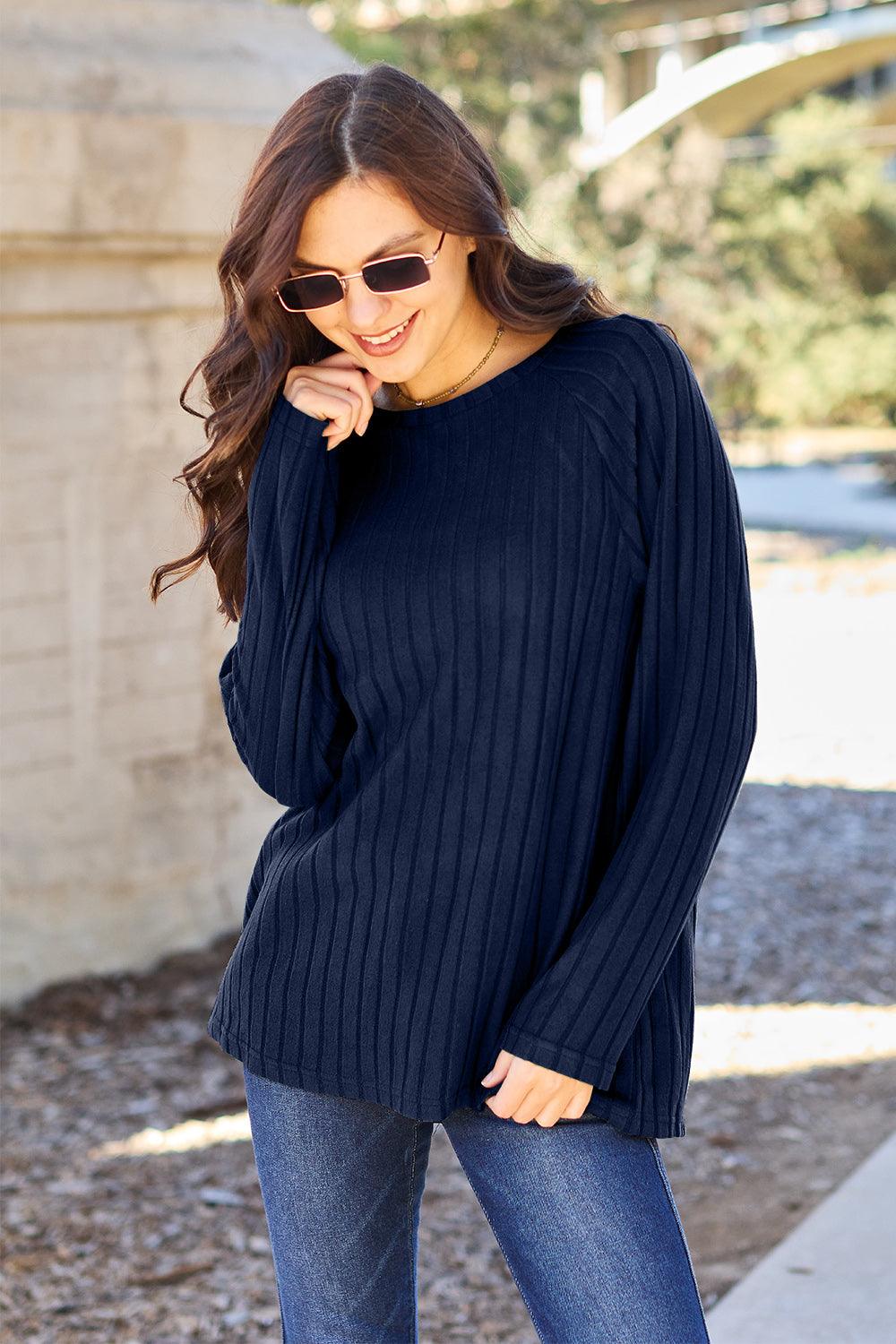 Basic Bae Full Size Ribbed Round Neck Long Sleeve Knit Top Carauana Store