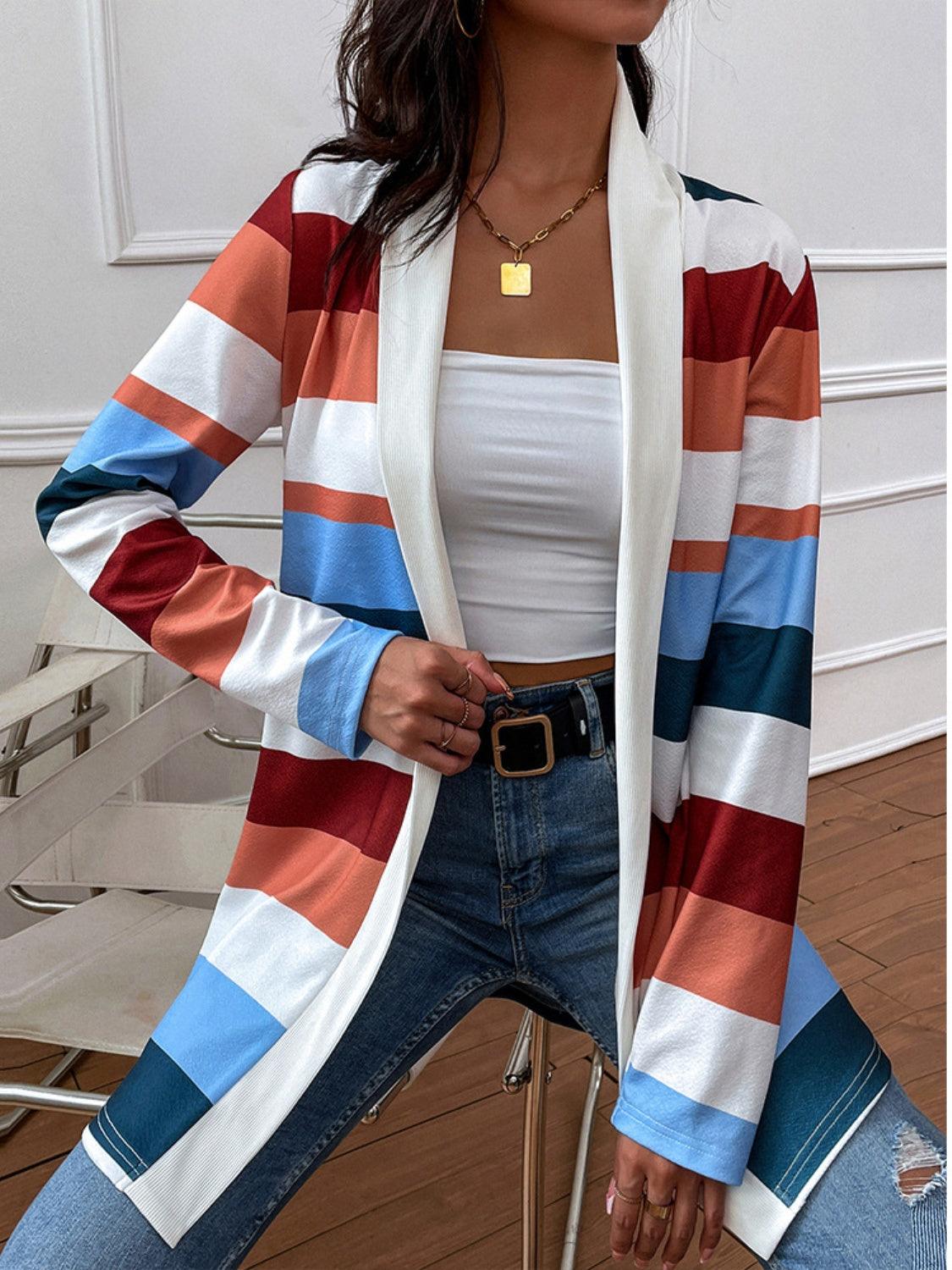 Shiny Color Block Open Front Cardigan Carauana Store