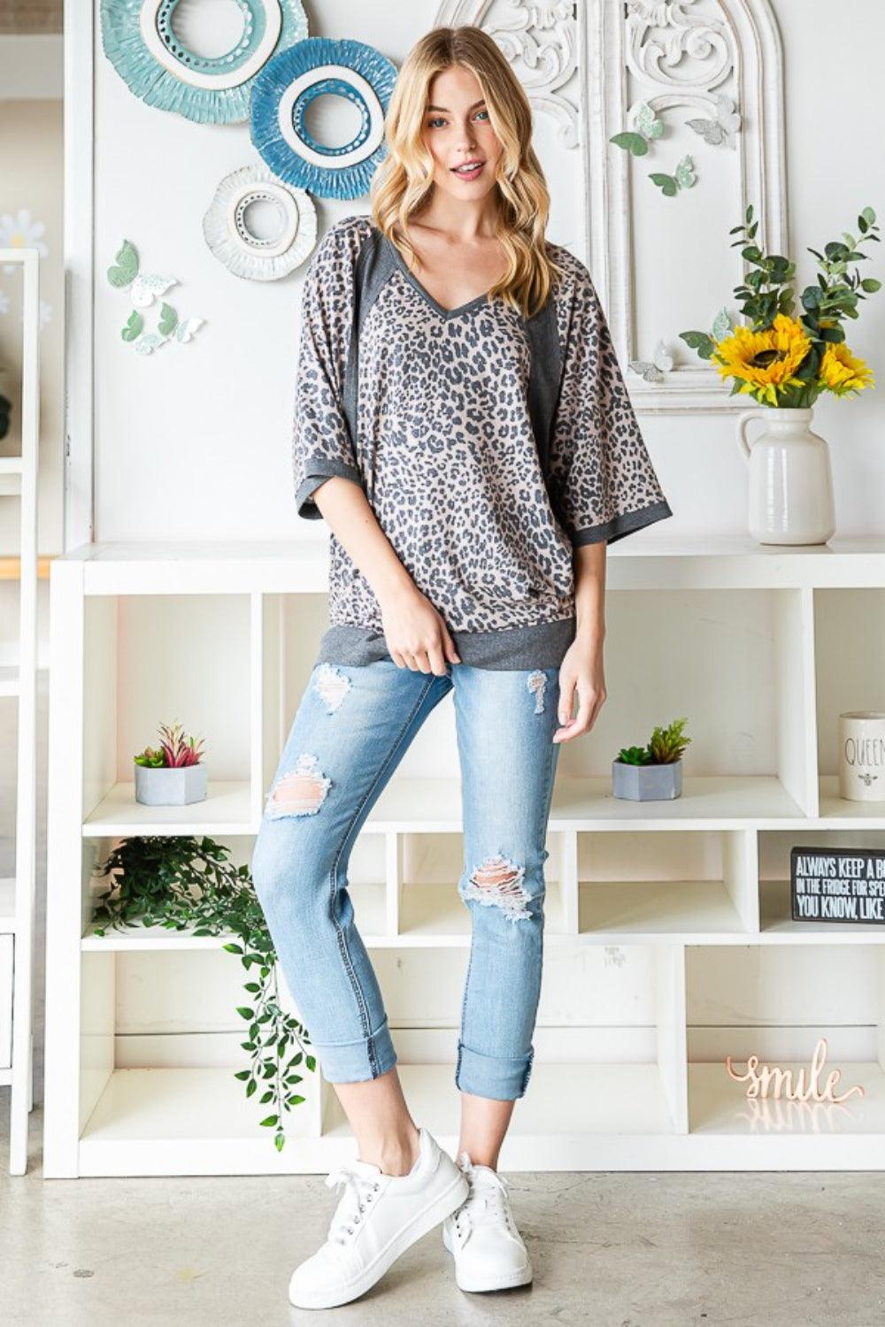 Heimish Full Size Leopard Contrast V-Neck Half Sleeve T-Shirt Carauana Store