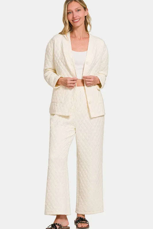 Zenana Quilted Button Up Long Sleeve Top and Pants Lounge Set Carauana Store