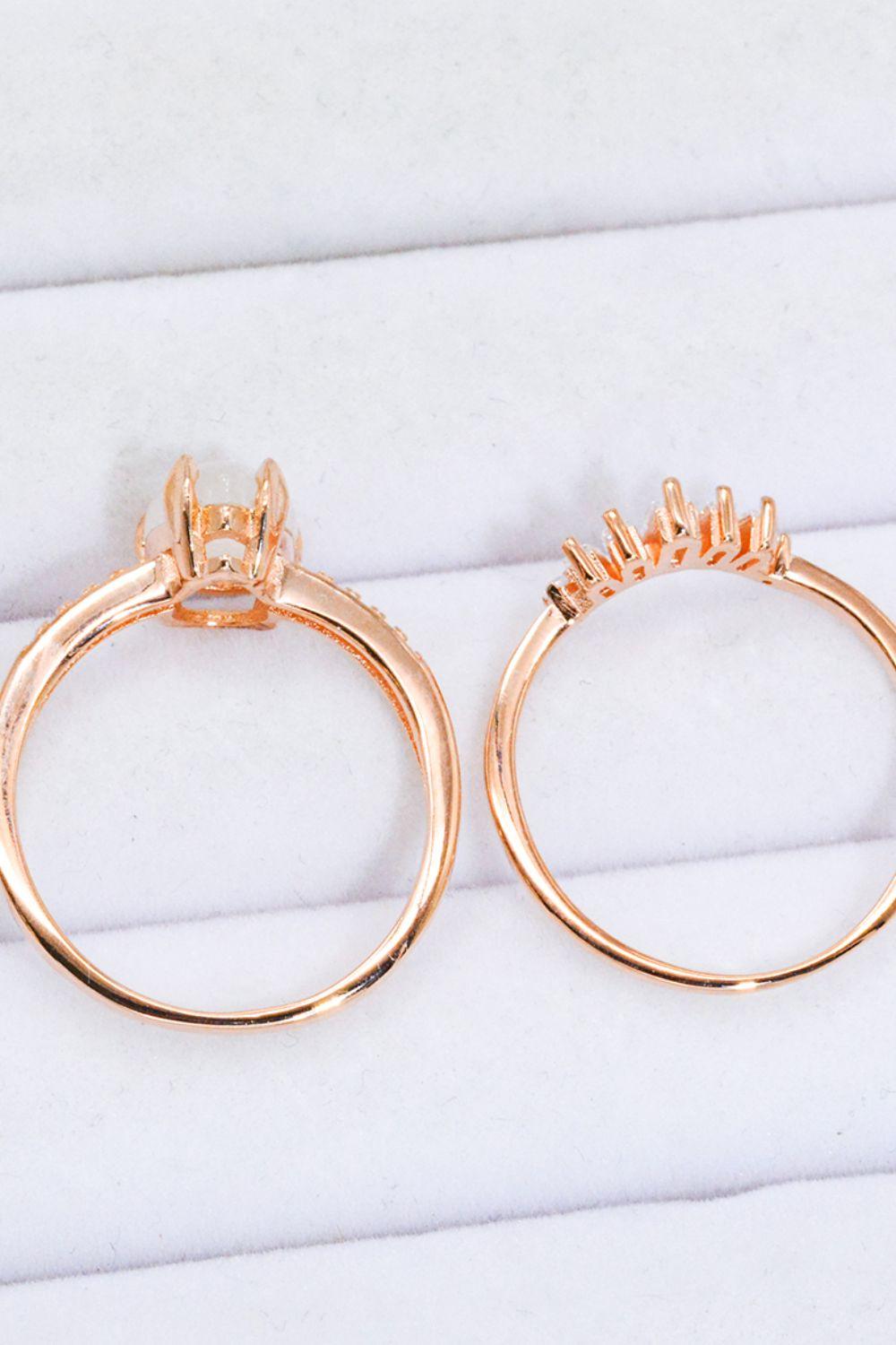 Natural Moonstone and Zircon 18K Rose Gold-Plated Two-Piece Ring Set Carauana Store