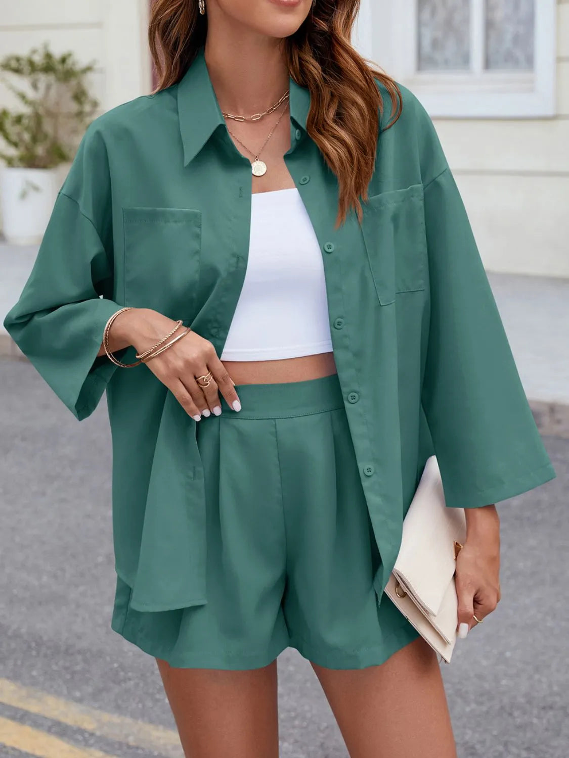 Button Up Long Sleeve Top and Shorts Set Carauana Store