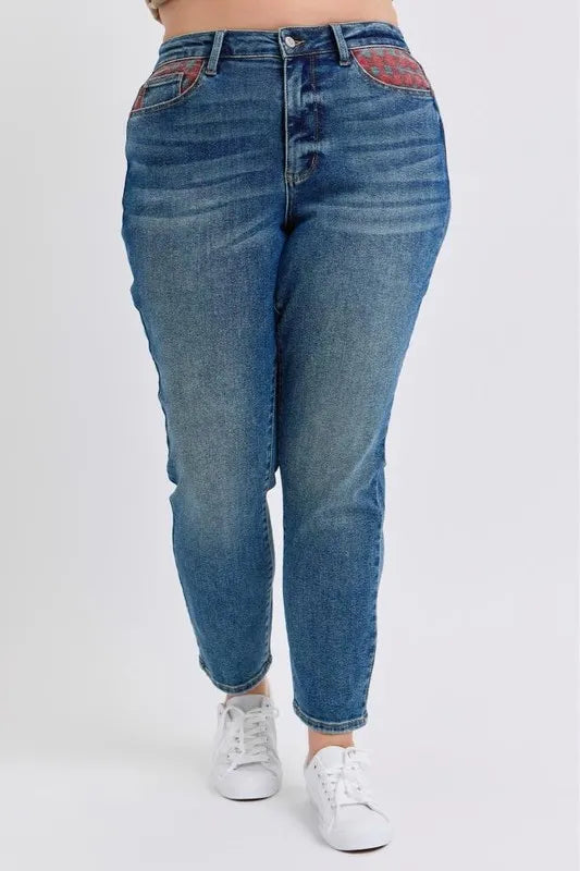 Judy Blue Full Size HW Plaid Patch Slim Fit Jeans Plus Size Carauana Store