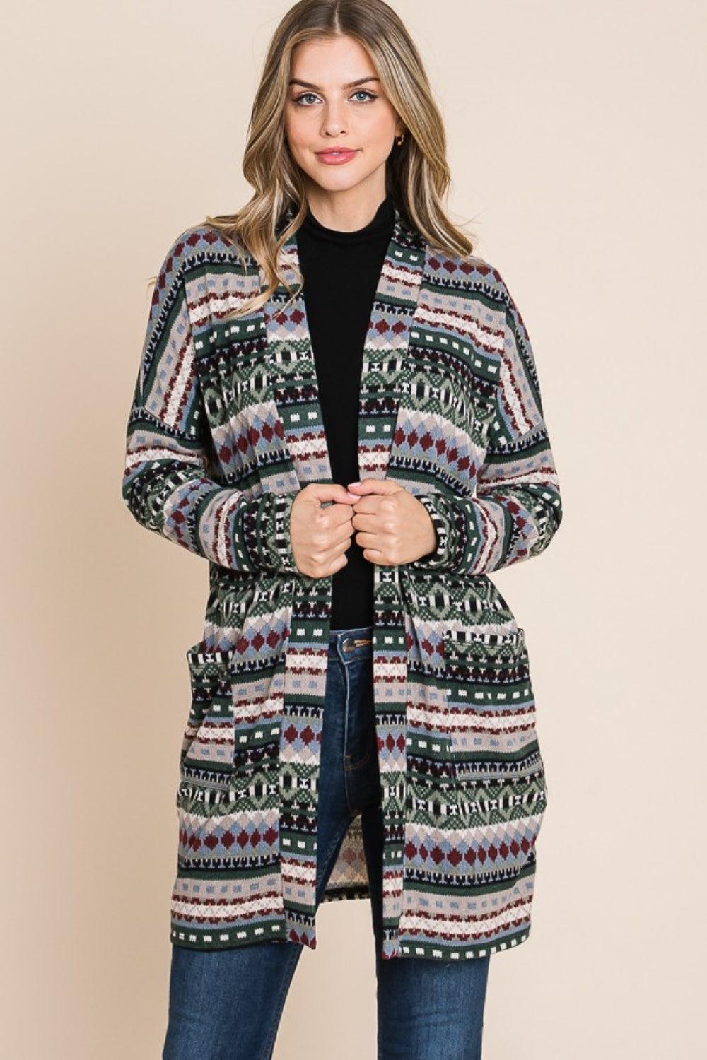 BOMBOM Geometric Open Front Long Sleeve Cardigan with Pockets Carauana Store