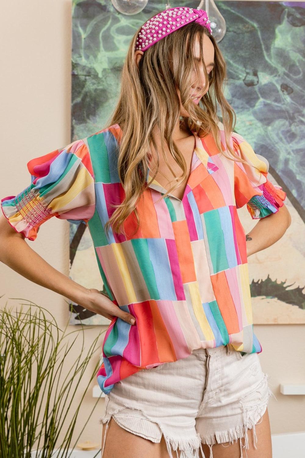 BiBi Color Block Smocked Short Sleeve Blouse Carauana Store