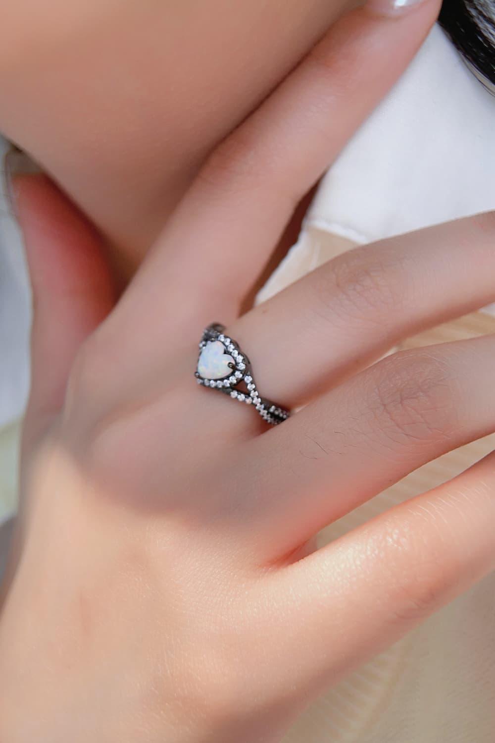 Opal Heart Black Gold-Plated Ring Carauana Store