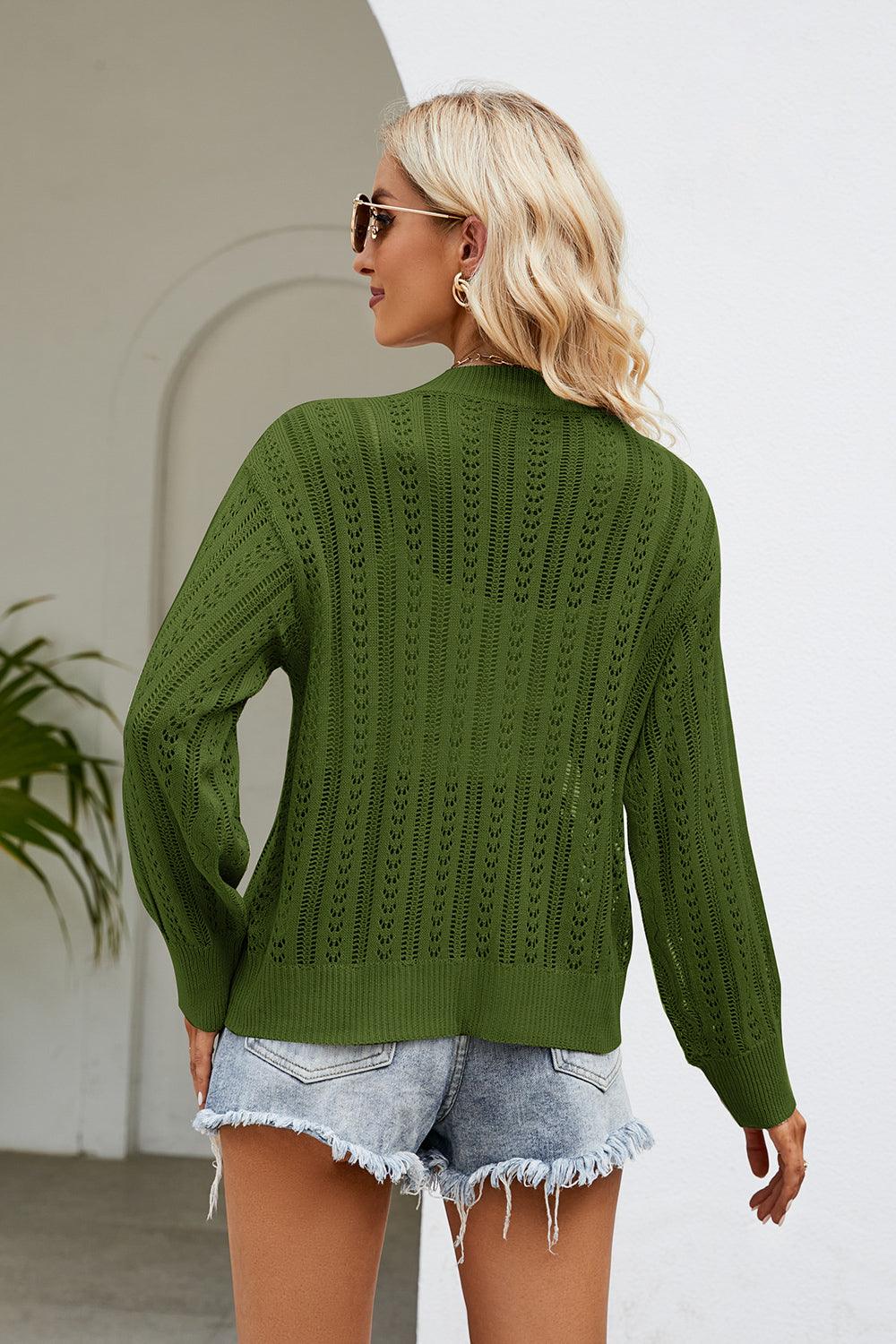 Openwork Button Front V-Neck Cardigan Carauana Store
