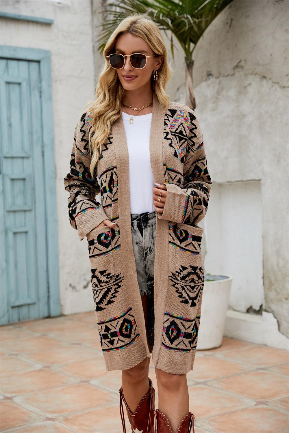 Angel Wings Pocketed Geometric Open Front Dropped Shoulder Cardigan Carauana Store