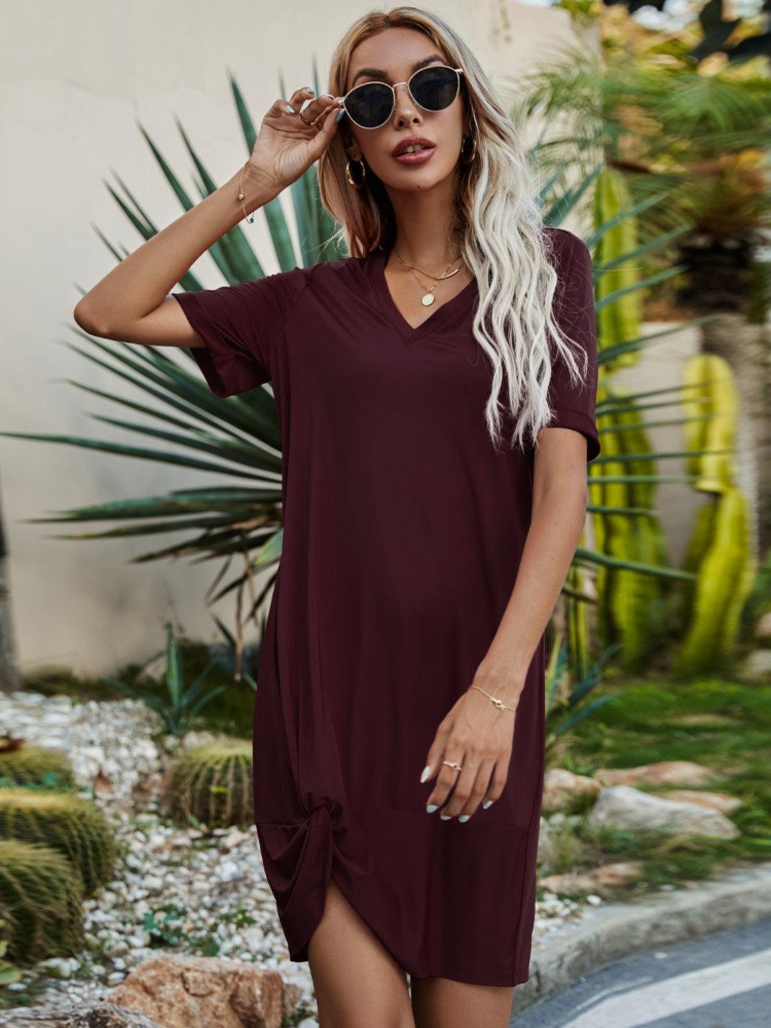 V-Neck Short Sleeve Mini Dress Carauana Store