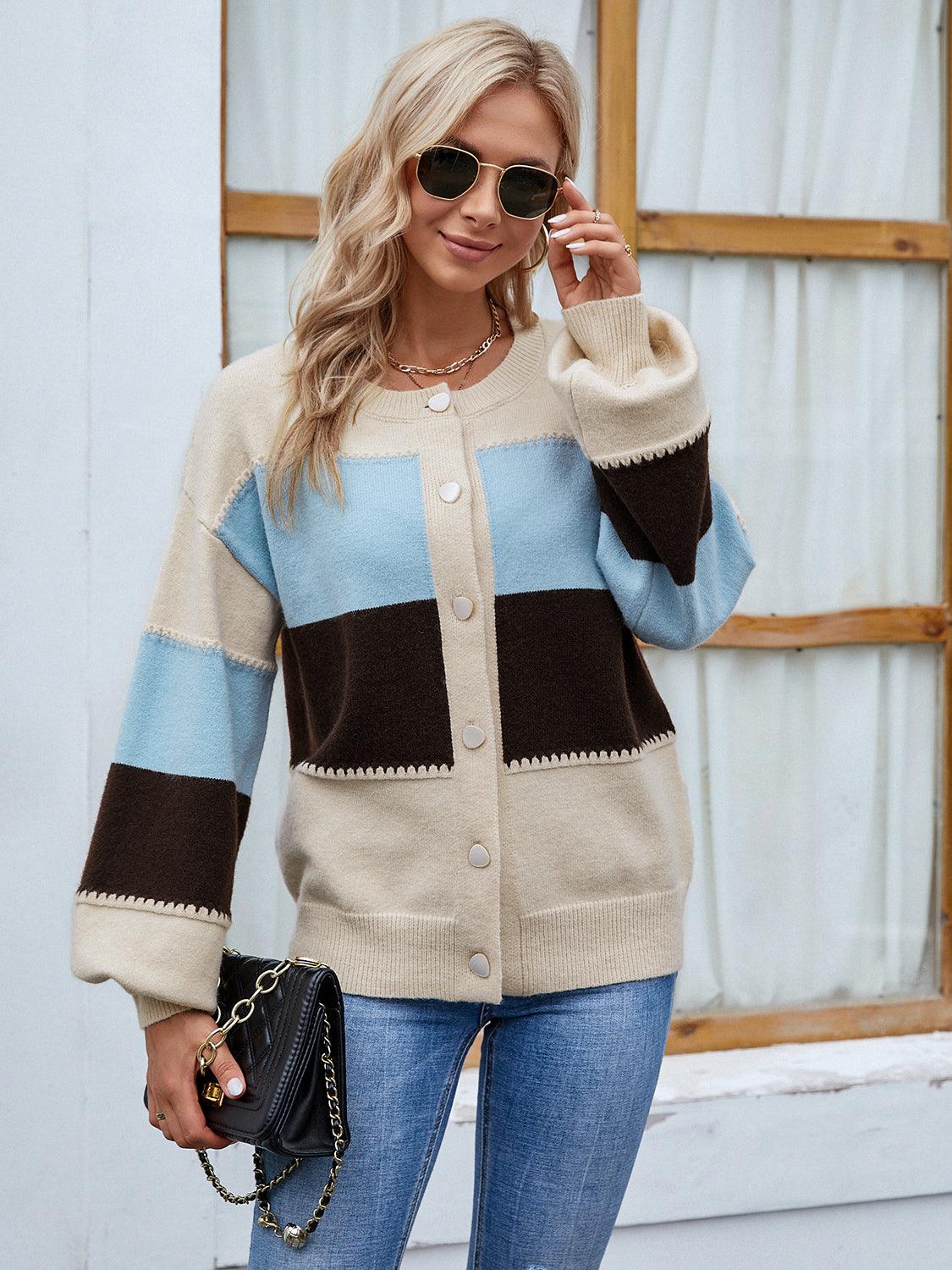 Color Block Button Up Lantern Sleeve Cardigan Carauana Store