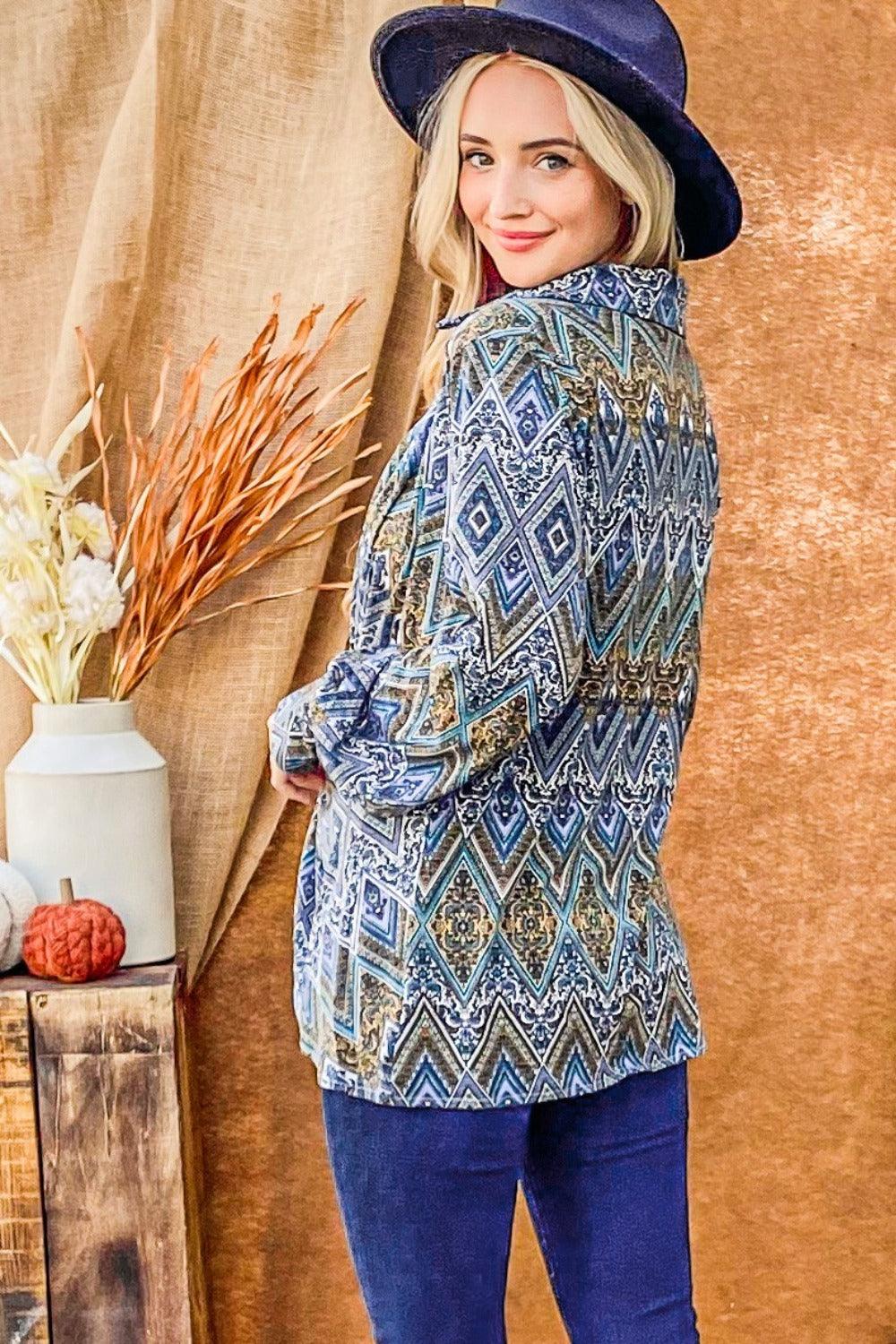 And The Why Print Twist Knot Long Sleeve Blouse Carauana Store