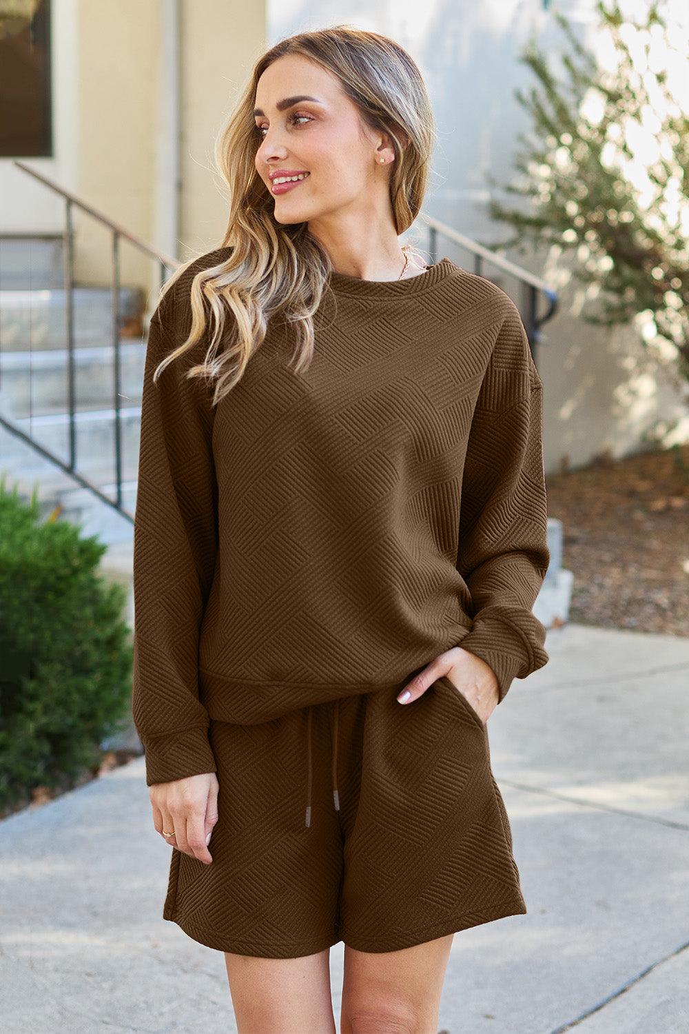 Double Take Full Size Texture Long Sleeve Top and Drawstring Shorts Set Carauana Store