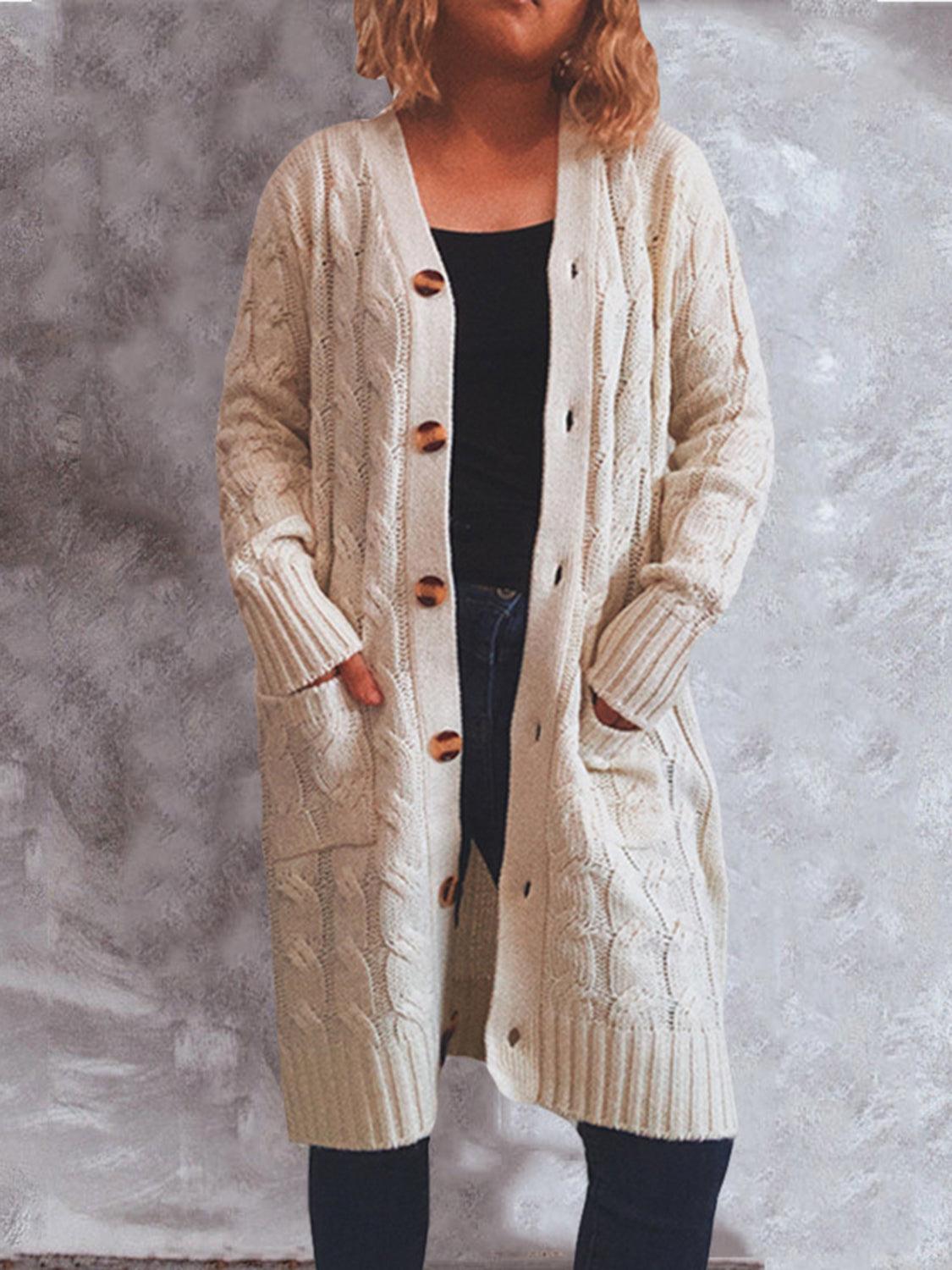 Button Up Cable-Knit Cardigan with Pockets Carauana Store