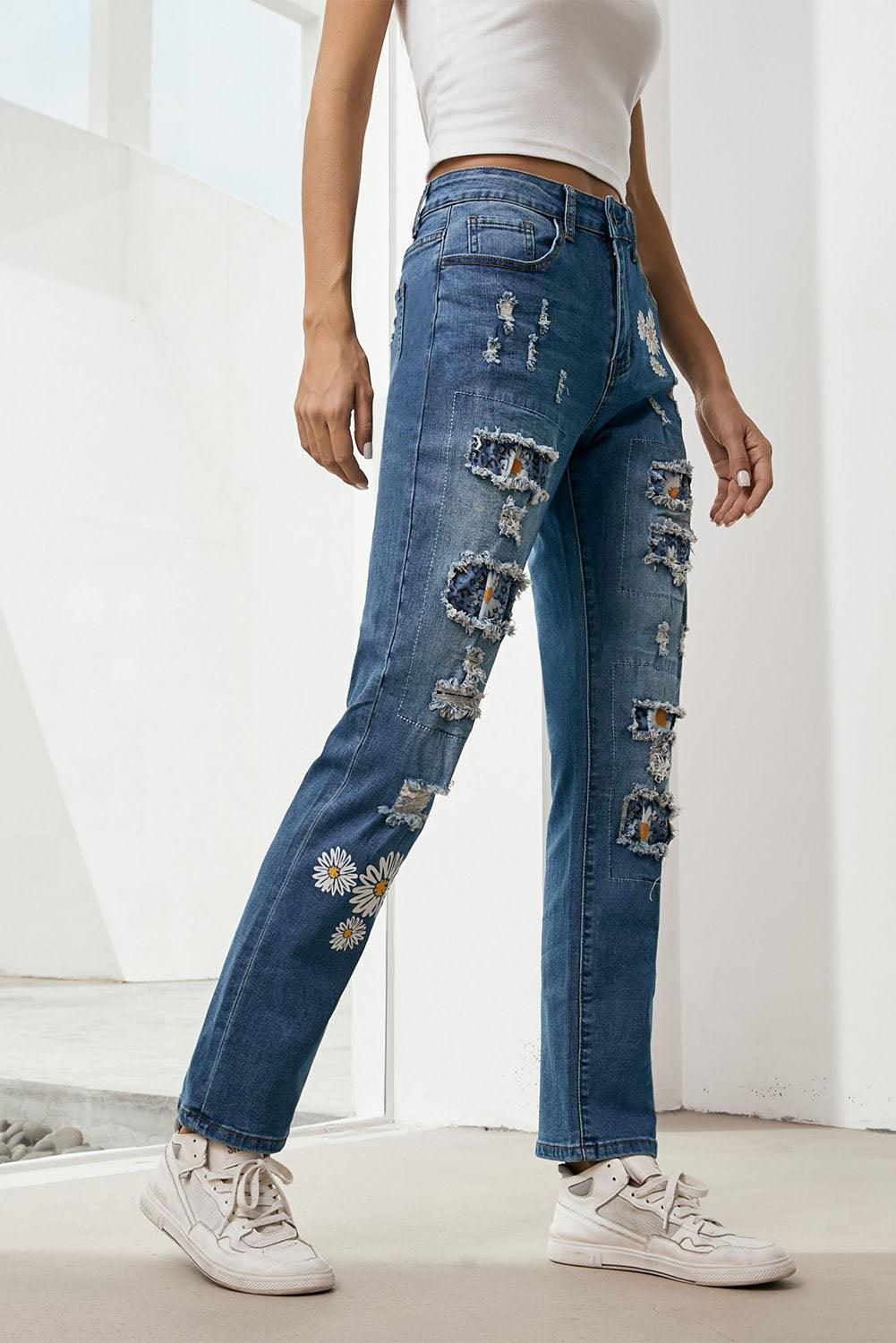 Baeful Printed Patch Distressed Boyfriend Jeans Carauana Store