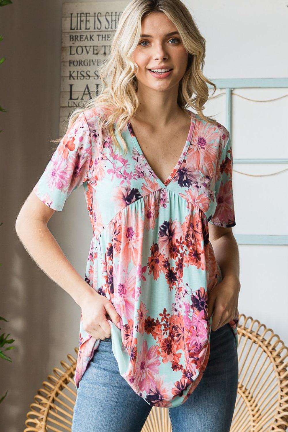 Heimish Full Size Floral V-Neck Short Sleeve Babydoll Blouse Carauana Store