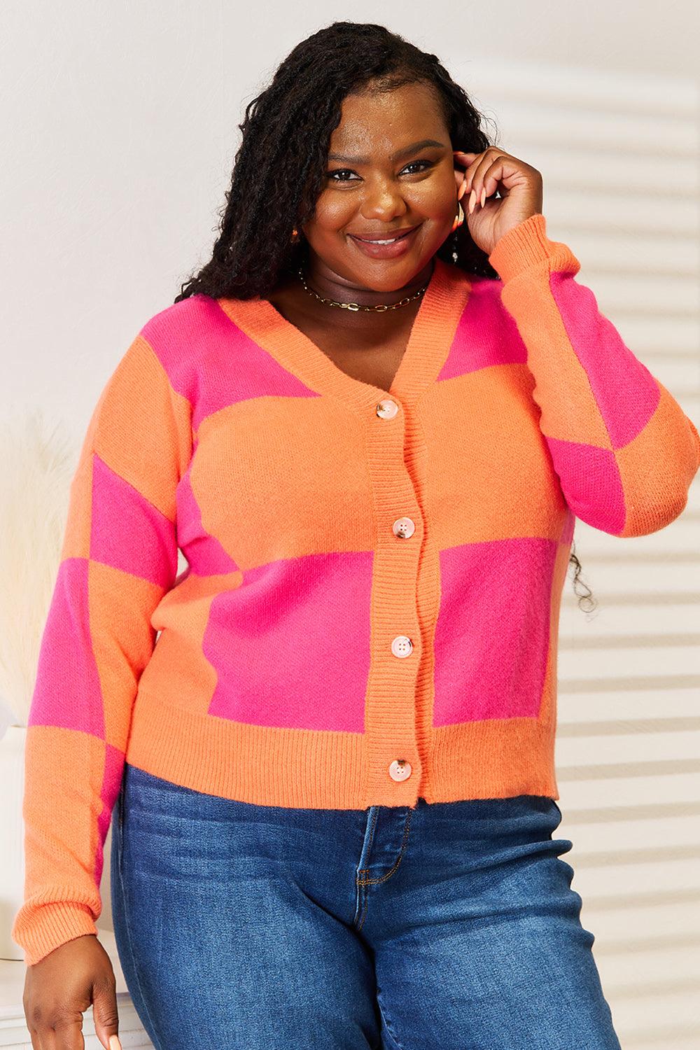 Angel Wings Woven Right Checkered V-Neck Dropped Shoulder Cardigan Carauana Store