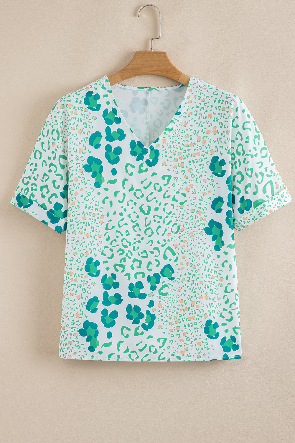 Green Mixed Leopard Print V Neck Short Sleeve Blouse