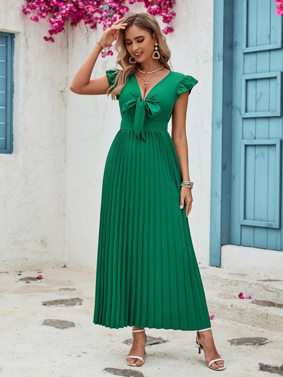 Tied Ruffled V-Neck Pleated Dress Carauana Store