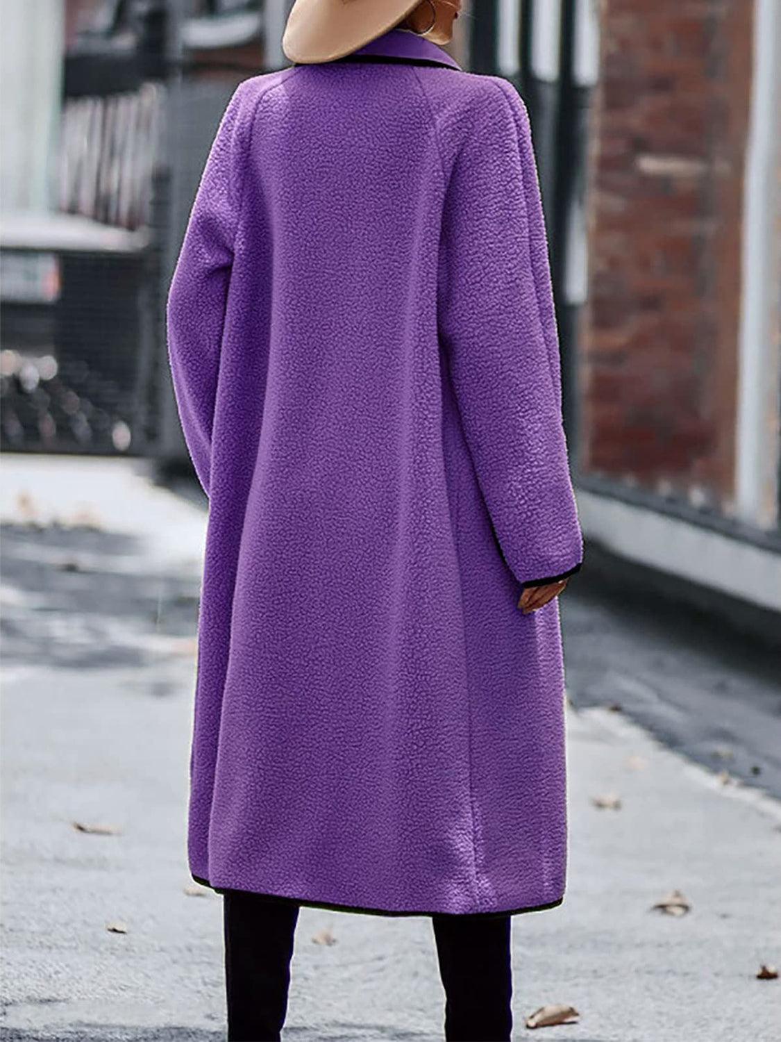Full Size Contrast Trim Long Sleeve Coat with Pockets Carauana Store