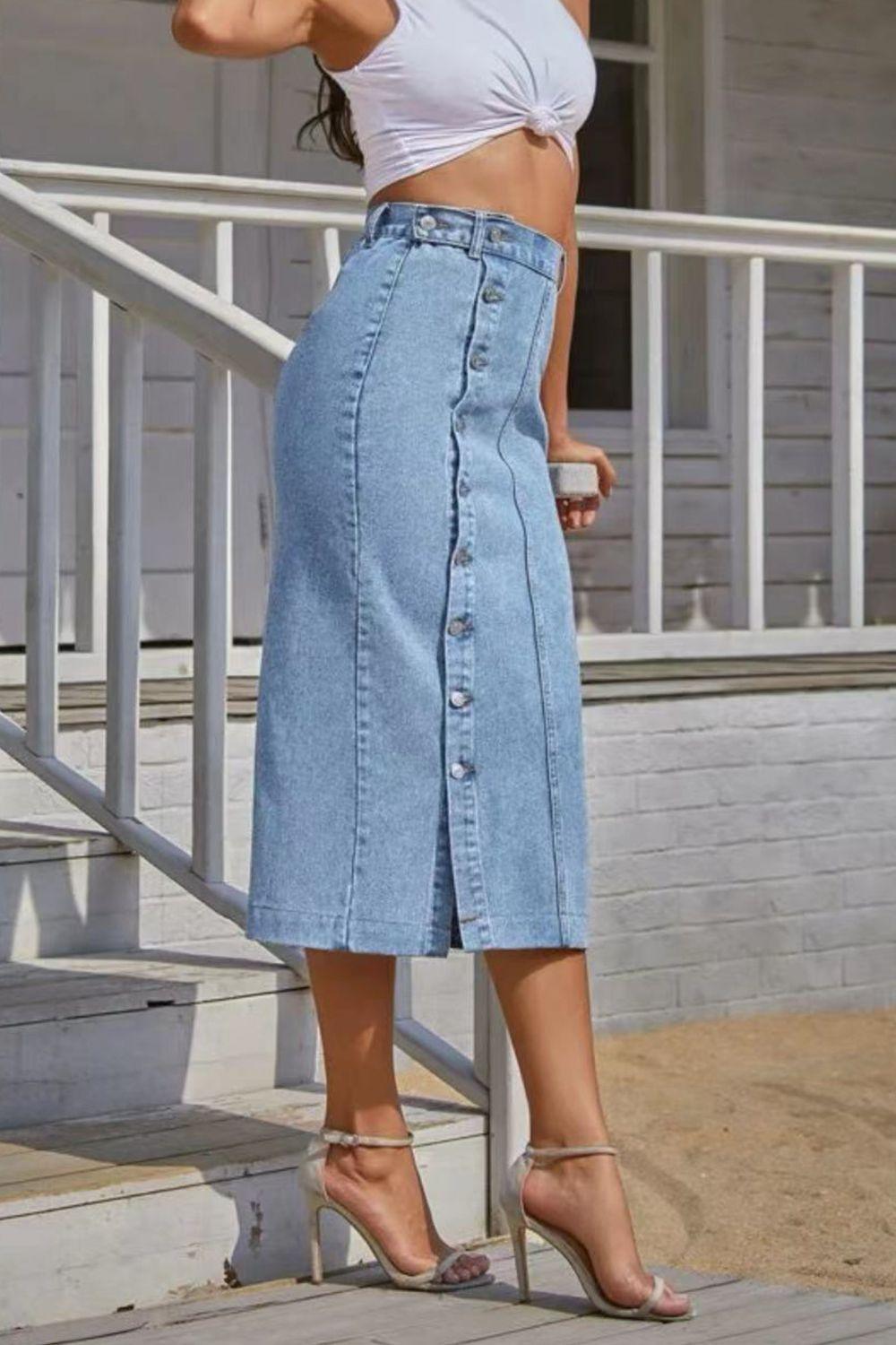 Buttoned Split Denim Skirt Carauana Store