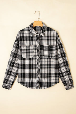 Black Plaid Print Chest Pockets Buttoned Shirt