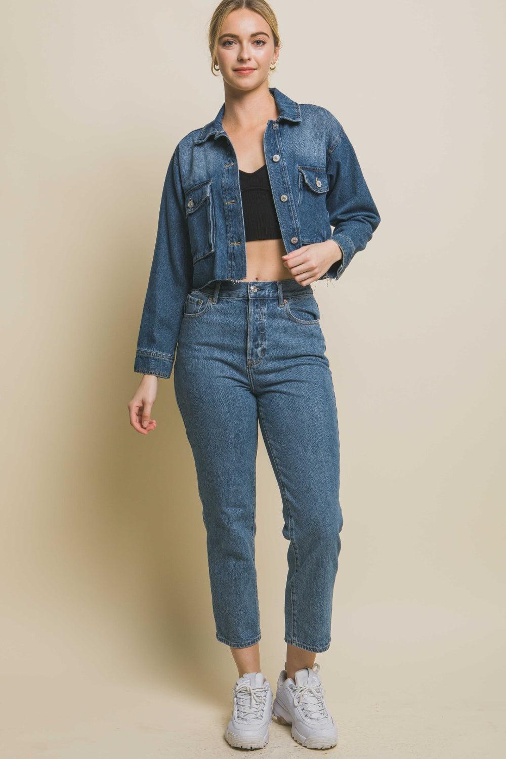 LOVE TREE Raw Hem Button Up Cropped Denim Jacket Carauana Store