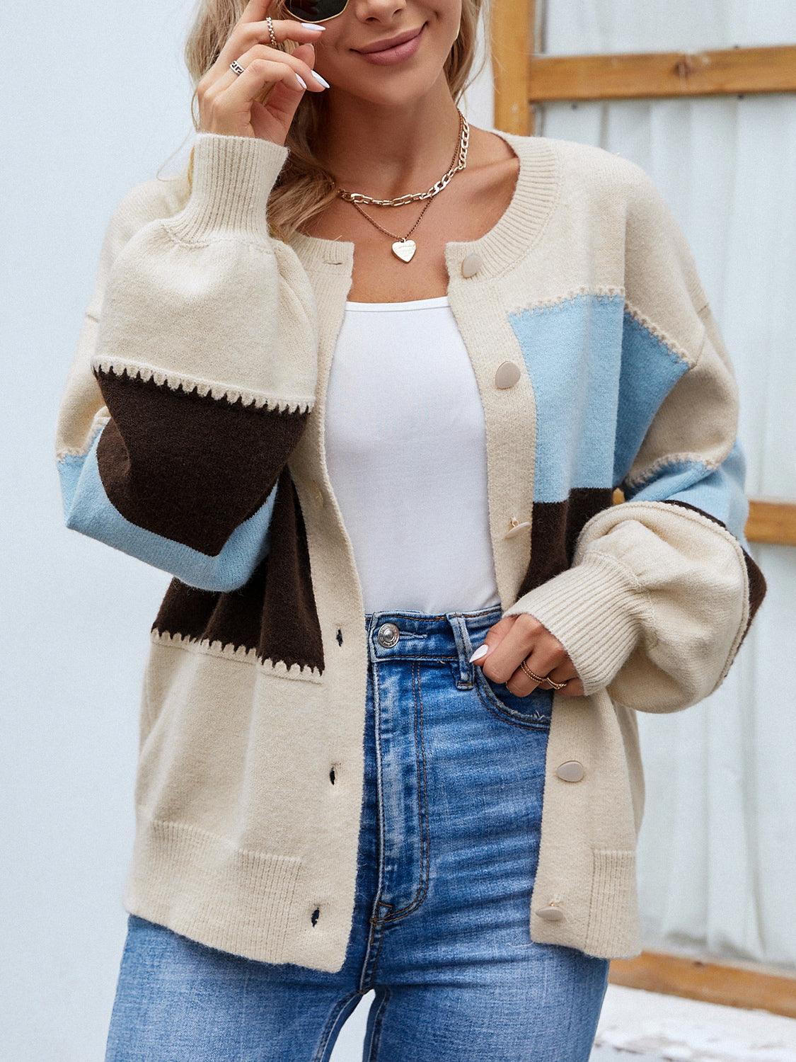 Color Block Button Up Lantern Sleeve Cardigan Carauana Store