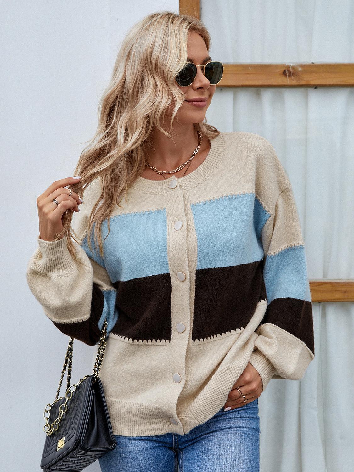 Color Block Button Up Lantern Sleeve Cardigan Carauana Store