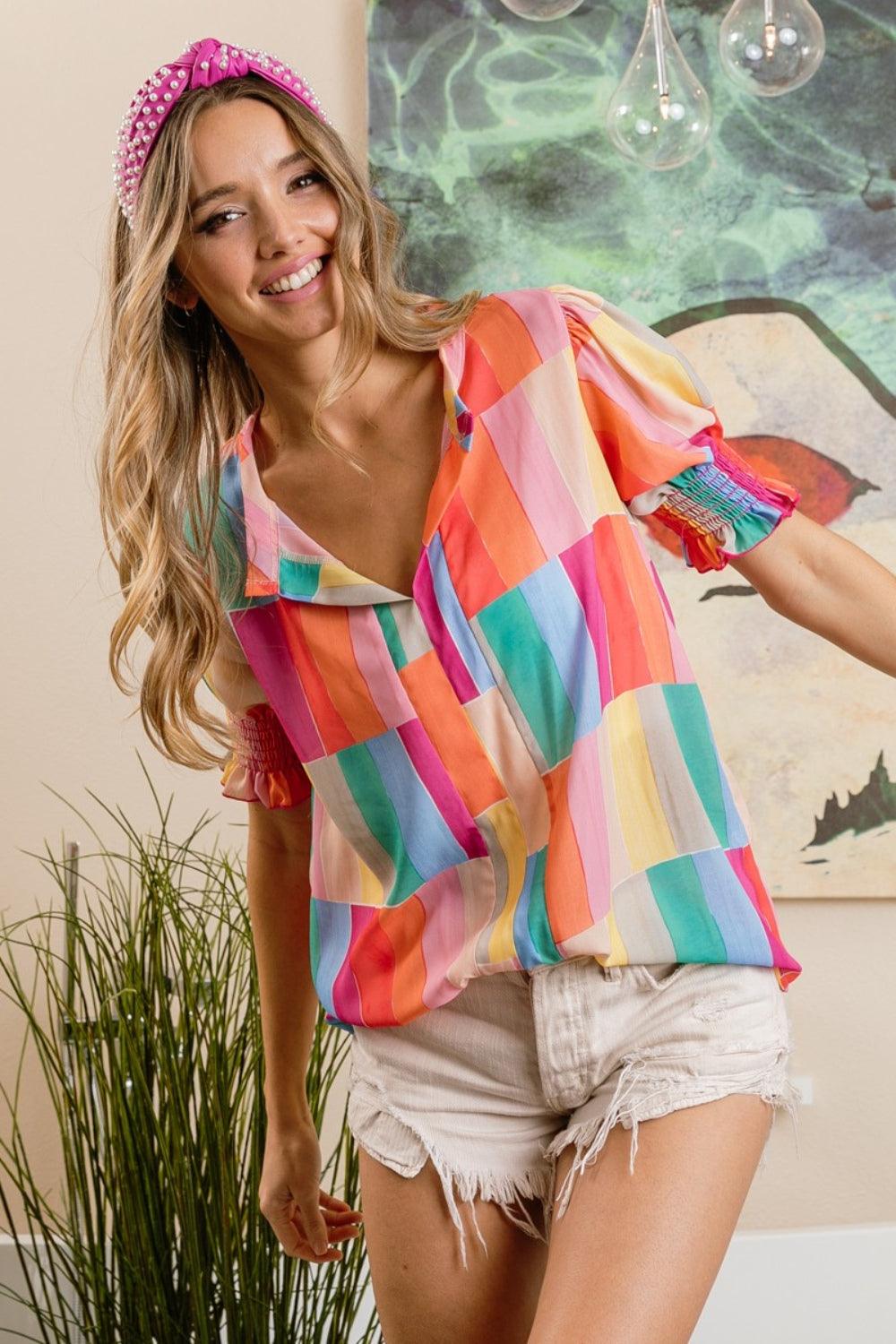 BiBi Color Block Smocked Short Sleeve Blouse Carauana Store