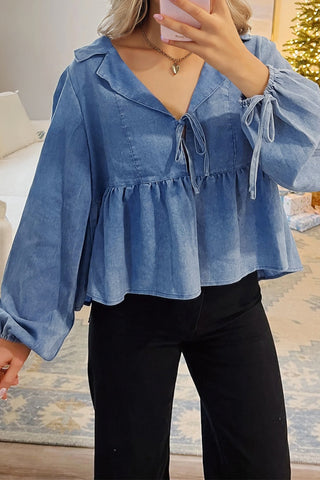 Dusk Blue Denim Lapel Neck Balloon Sleeve Tied Peplum Top