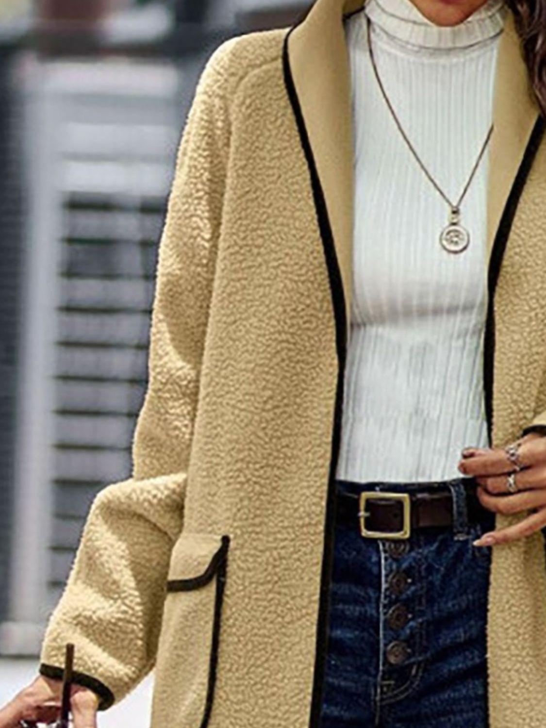 Full Size Contrast Trim Long Sleeve Coat with Pockets Carauana Store