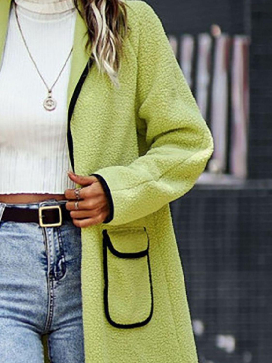 Full Size Contrast Trim Long Sleeve Coat with Pockets Carauana Store