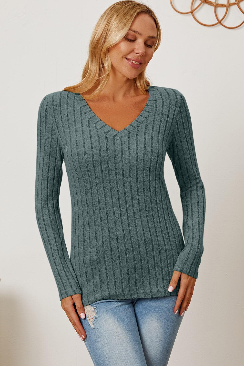 Basic Bae Full Size Ribbed V-Neck Long Sleeve T-Shirt Carauana Store