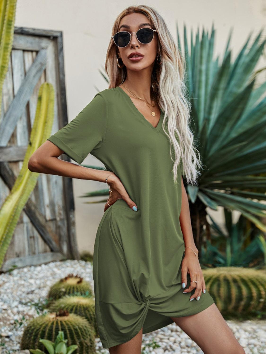 V-Neck Short Sleeve Mini Dress Carauana Store