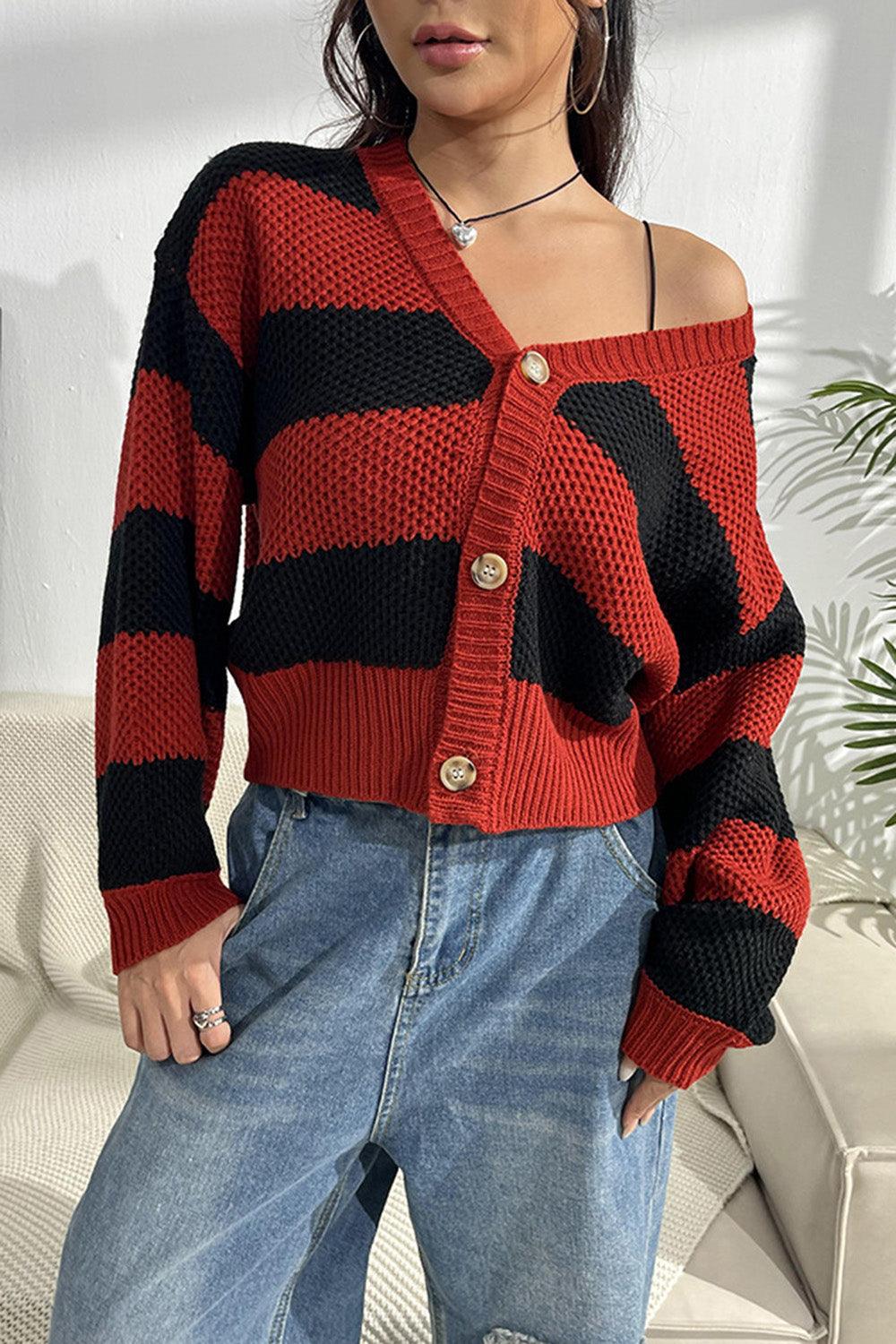 Striped Button Up Dropped Shoulder Cardigan Carauana Store