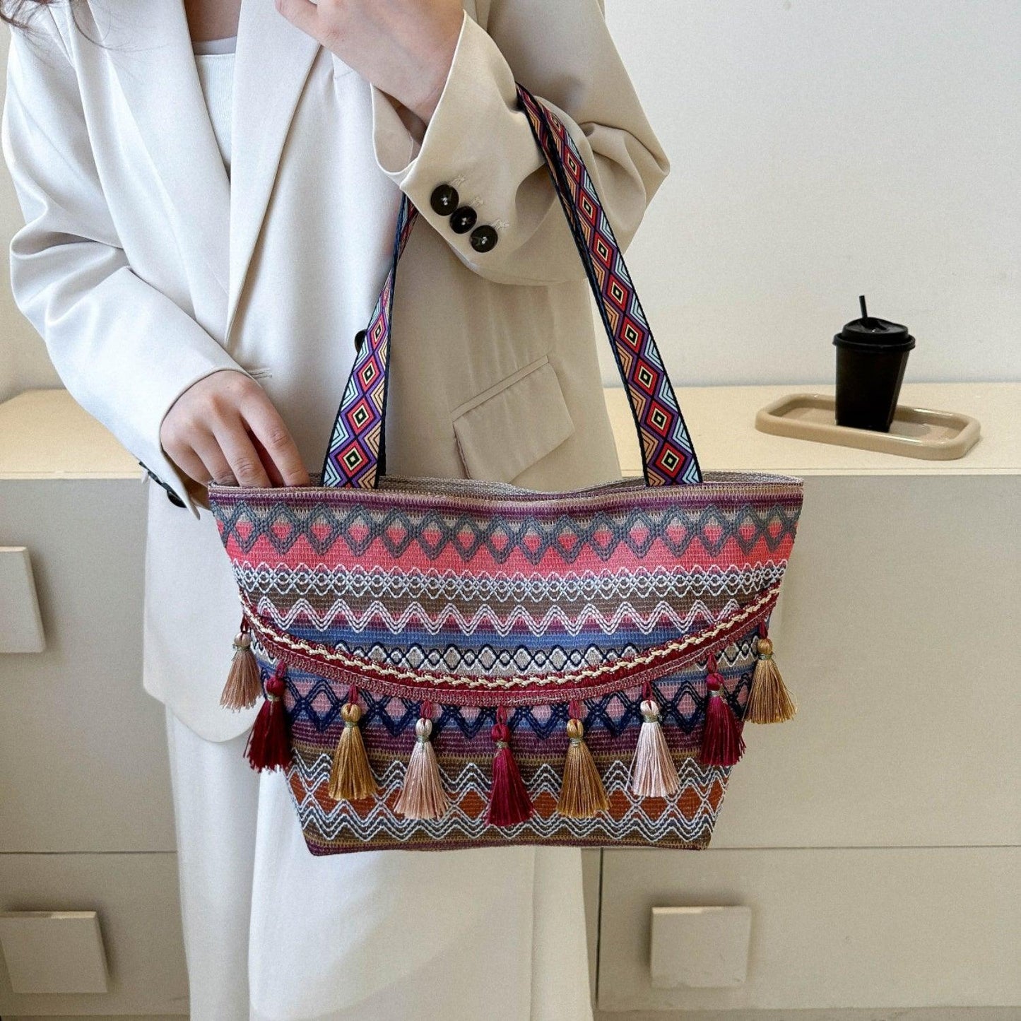 Printed Tassel Detail Tote Bag Carauana Store