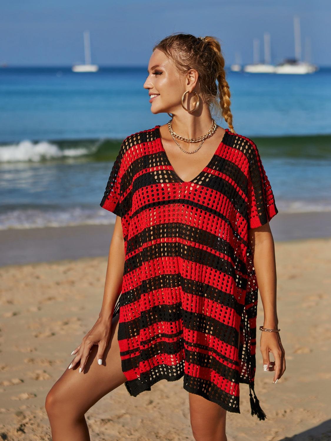Tassel Openwork Striped V-Neck Cover Up Carauana Store