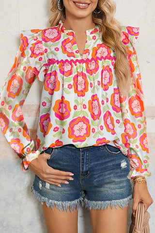 Rose Floral Printed Ruffled Long Sleeve Blouse
