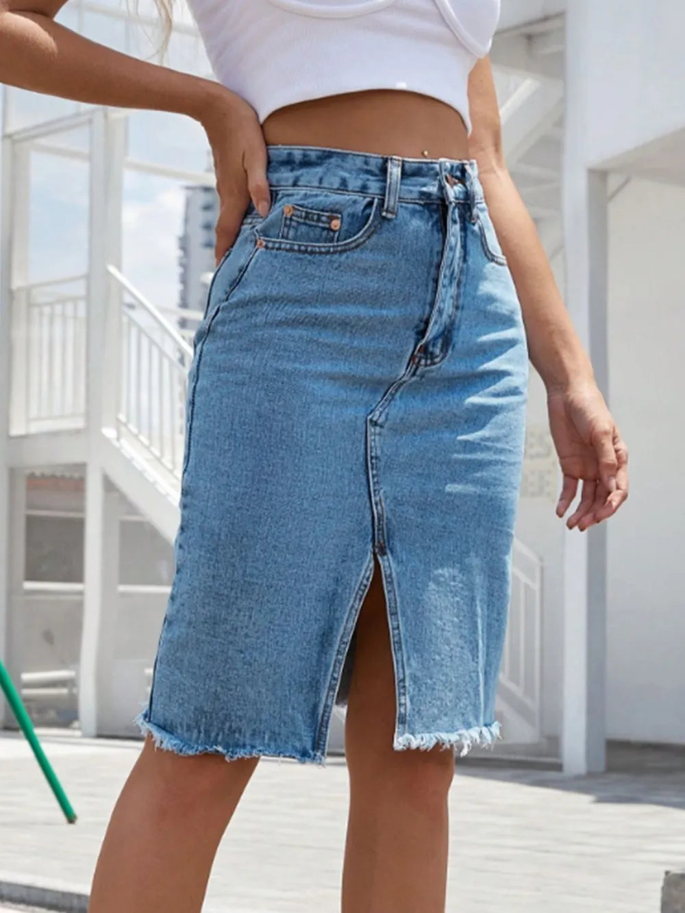 Raw Hem Slit Denim Skirt Carauana Store