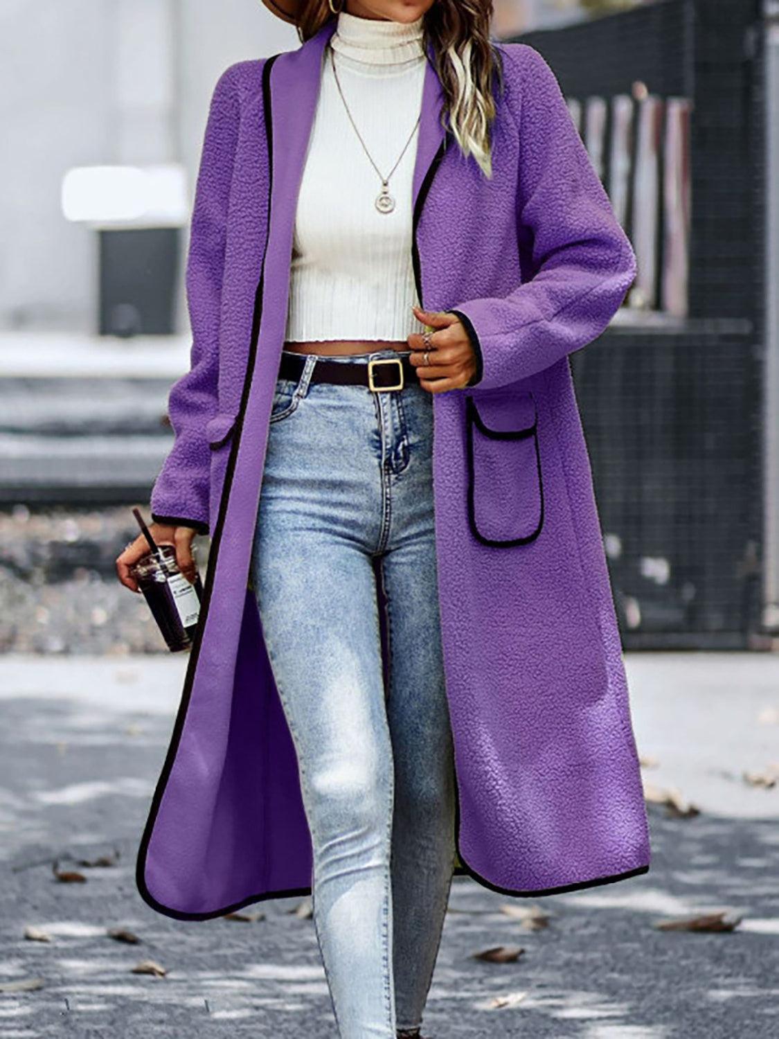 Full Size Contrast Trim Long Sleeve Coat with Pockets Carauana Store