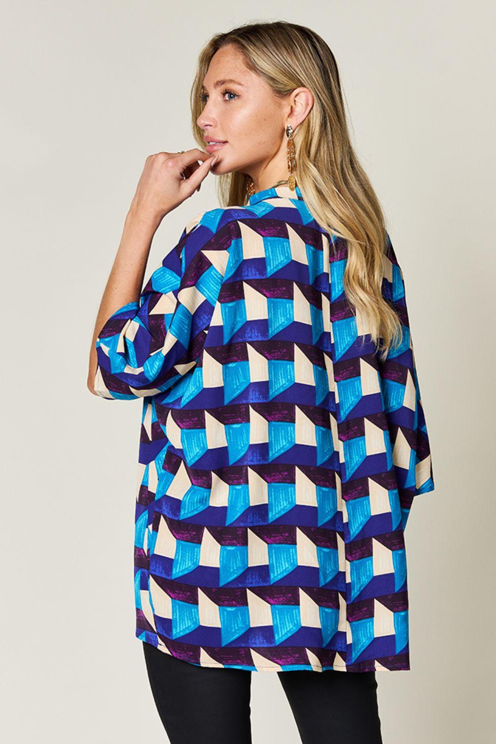 Double Take Full Size Geometric Notched Half Sleeve Blouse Carauana Store