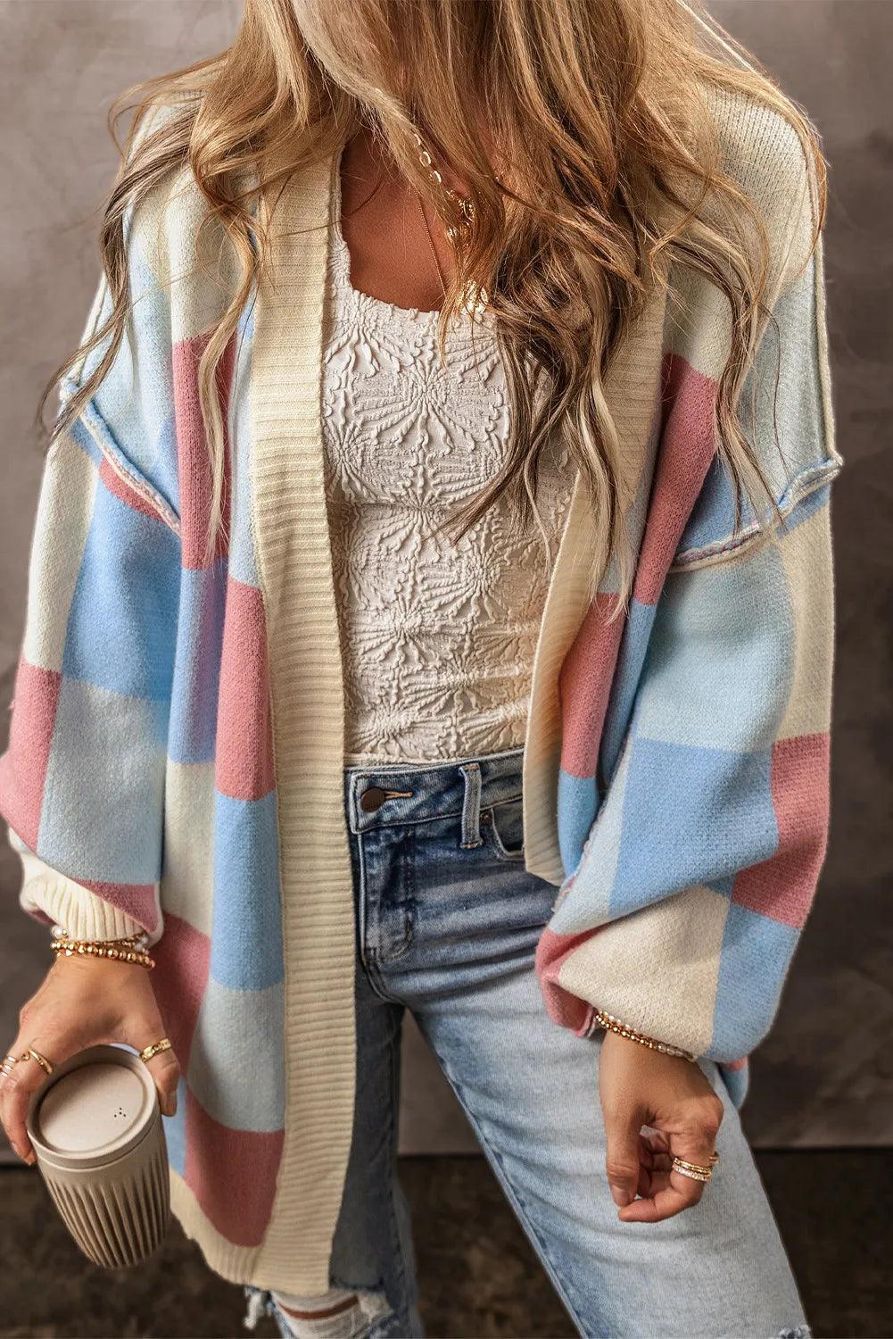 Color Block Open Front Long Sleeve Cardigan Carauana Store