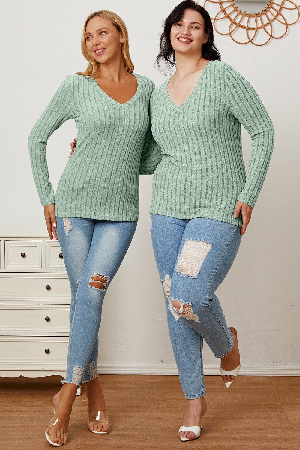 Basic Bae Full Size Ribbed V-Neck Long Sleeve T-Shirt Carauana Store