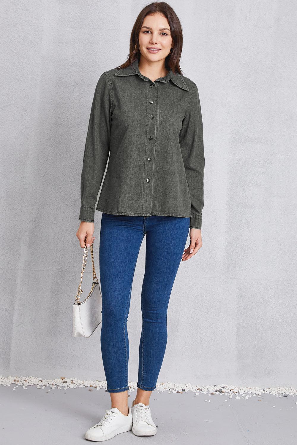 Collared Neck Button Up Denim Top Carauana Store