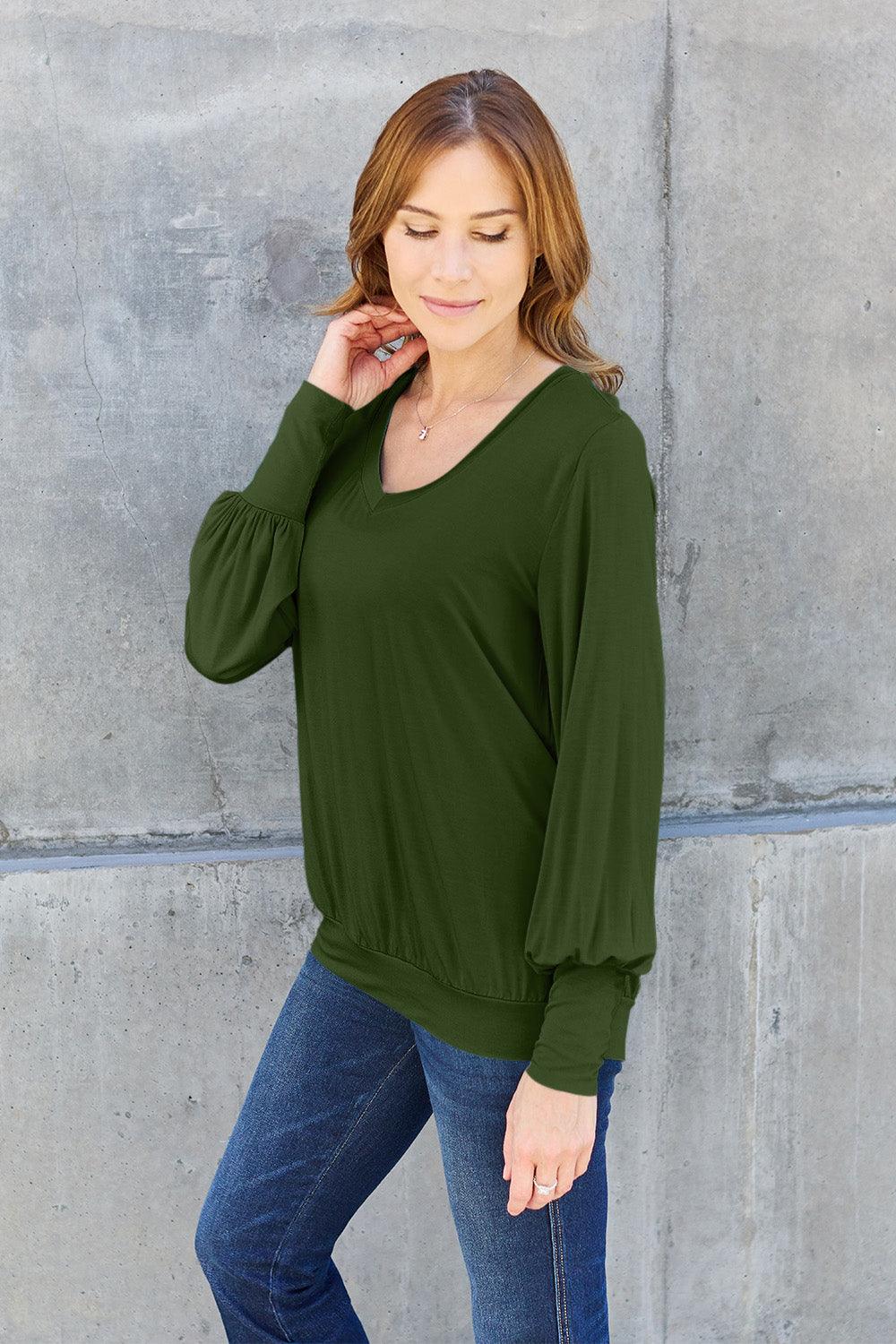 Basic Bae Full Size V-Neck Lantern Sleeve Blouse Carauana Store
