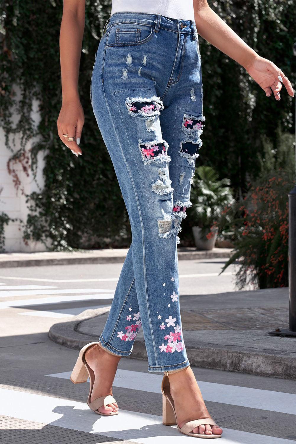 Baeful Printed Patch Distressed Boyfriend Jeans Carauana Store