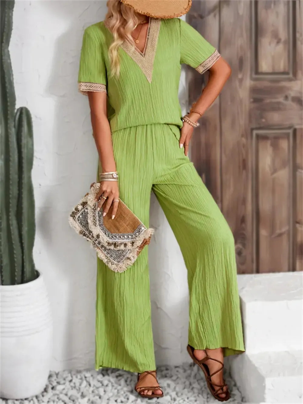 V-Neck Short Sleeve Top and Pants Set Carauana Store